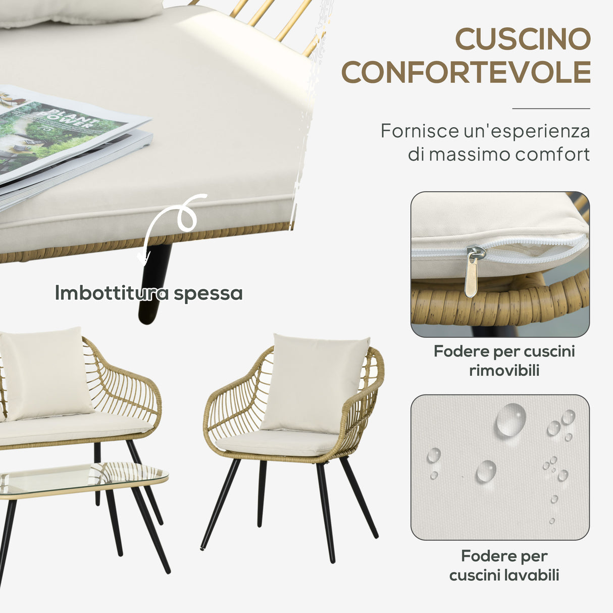 easycomfort easycomfort set da giardino 4 pezzi con 2 sedie da giardino divanetto 2 posti e tavolino basso naturale e crema