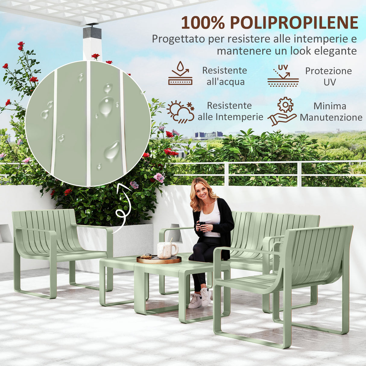 easycomfort easycomfort set da giardino 5 pezzi a doghe con divanetto 2 poltroncine e 2 tavolini in polipropilene verde