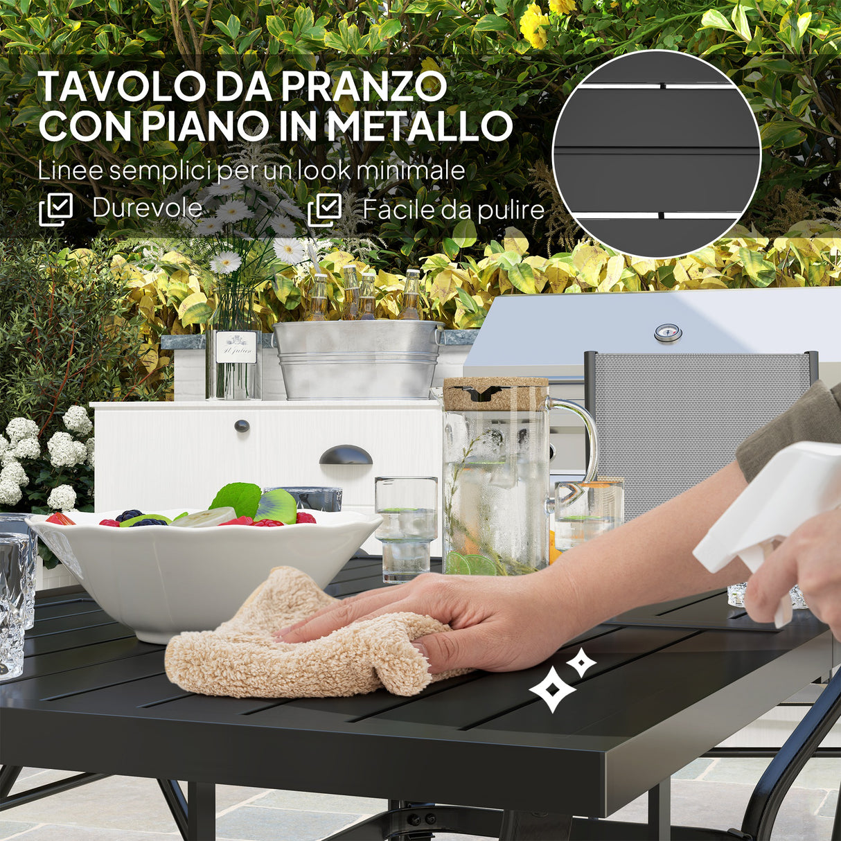 easycomfort easycomfort set da giardino 7 pezzi con tavolo da pranzo con foro per ombrellone e 6 sedie pieghevoli grigio