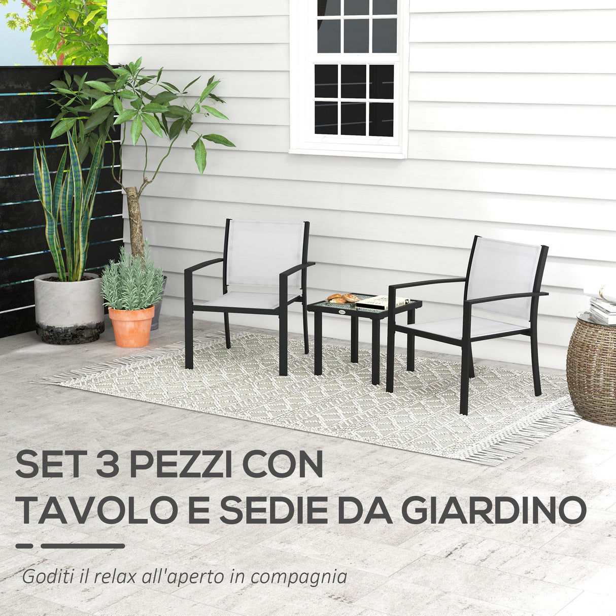 easycomfort easycomfort set da giardino con tavolino in vetro e 2 sedie impilabili in tessuto a rete grigio chiaro