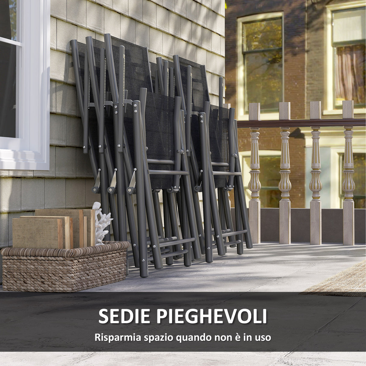 easycomfort easycomfort set da giardino con tavolo allungabile in vetro e 6 sedie da esterno pieghevoli acciaio e textilene grigio