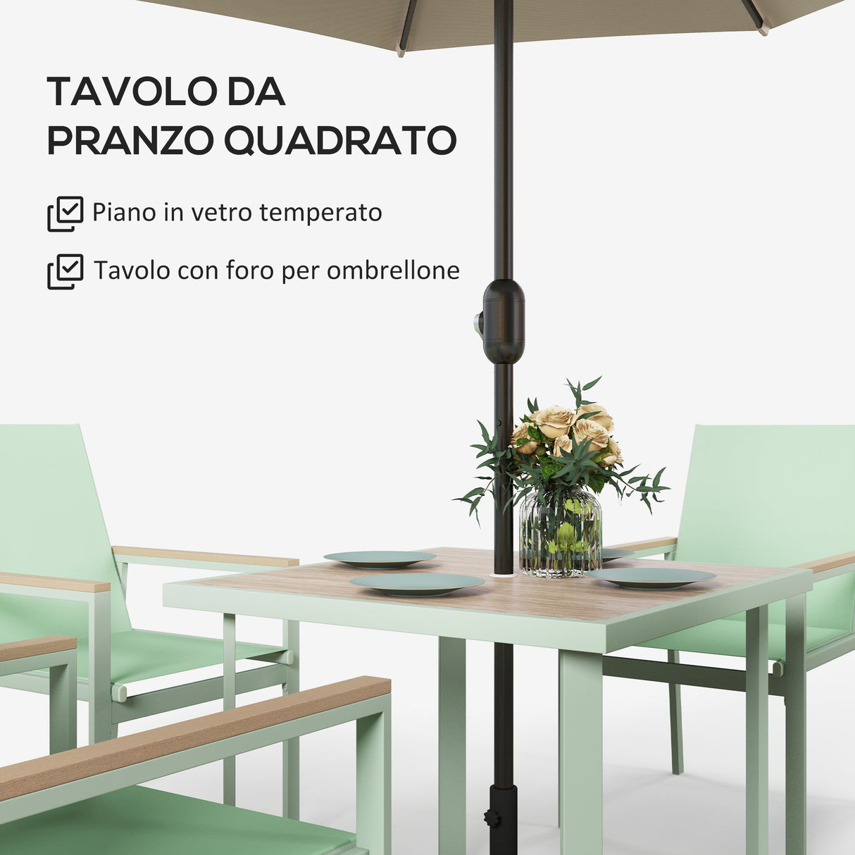 easycomfort easycomfort set da giardino con tavolo quadrato e 4 sedie con braccioli in tessuto a rete e acciaio verde