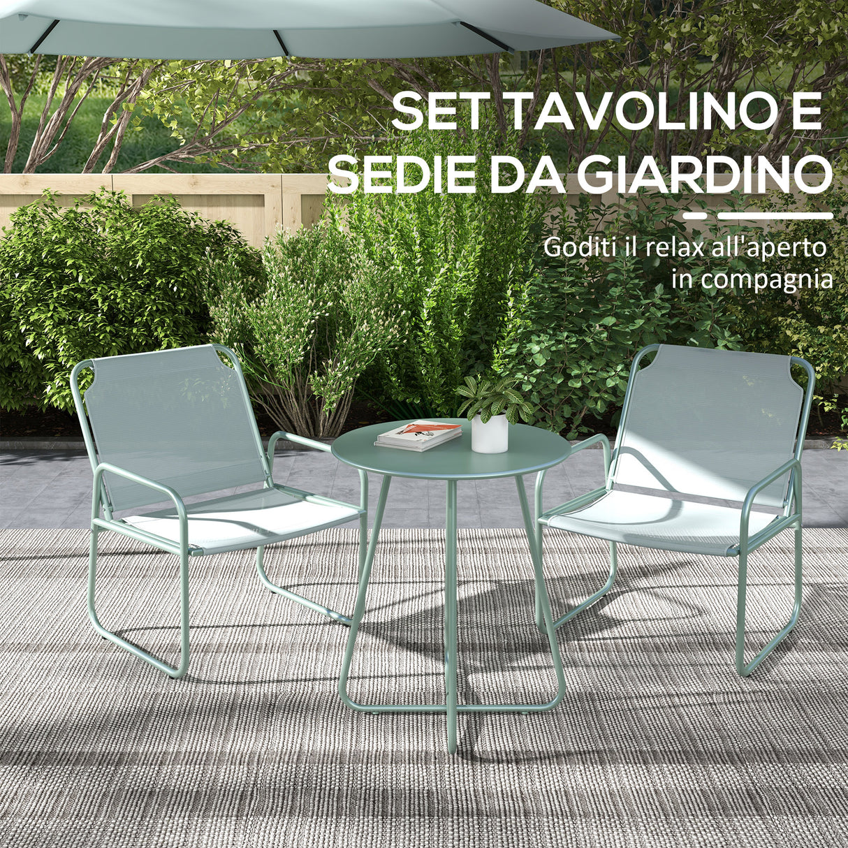 easycomfort easycomfort set da giardino con tavolo rotondo e 2 sedie in acciaio e tessuto a rete traspirante verde