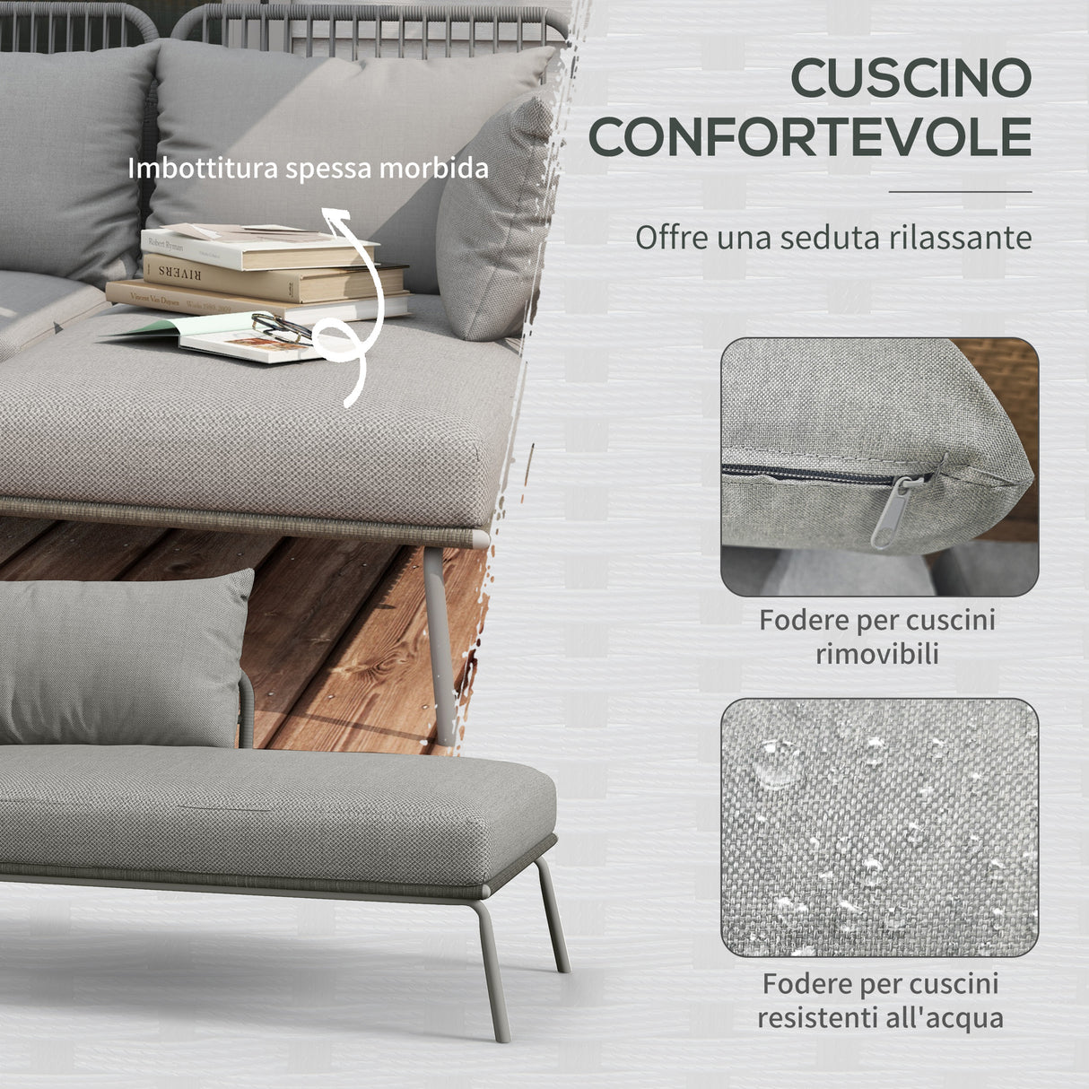 easycomfort easycomfort set da giardino in rattan pe stile boho divano 2 posti con chaise longue e tavolino grigio chiaro