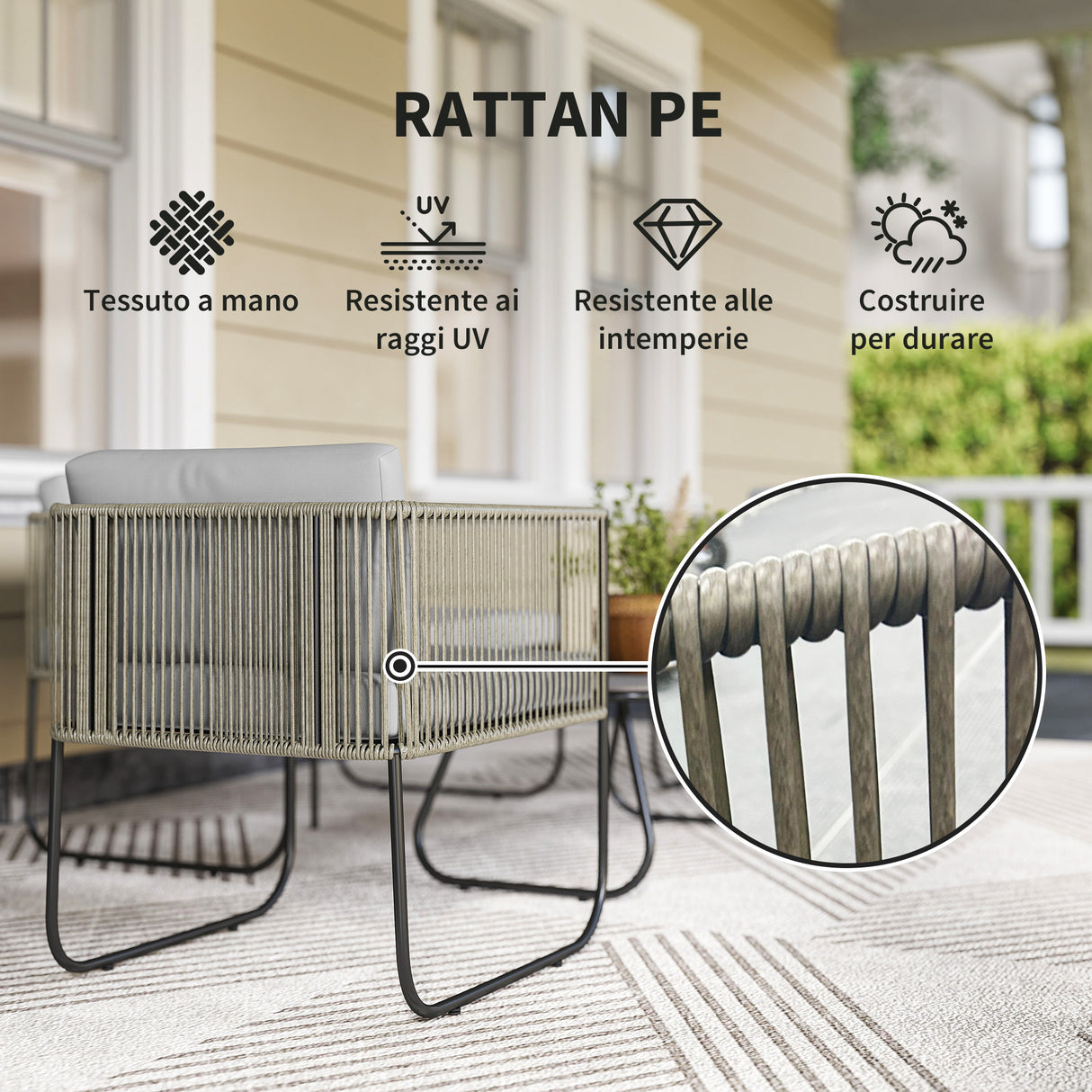 easycomfort easycomfort set da giardino rattan con divanetto 2 posti 2 poltrone e tavolino in vetro cuscini sfoderabili grigio
