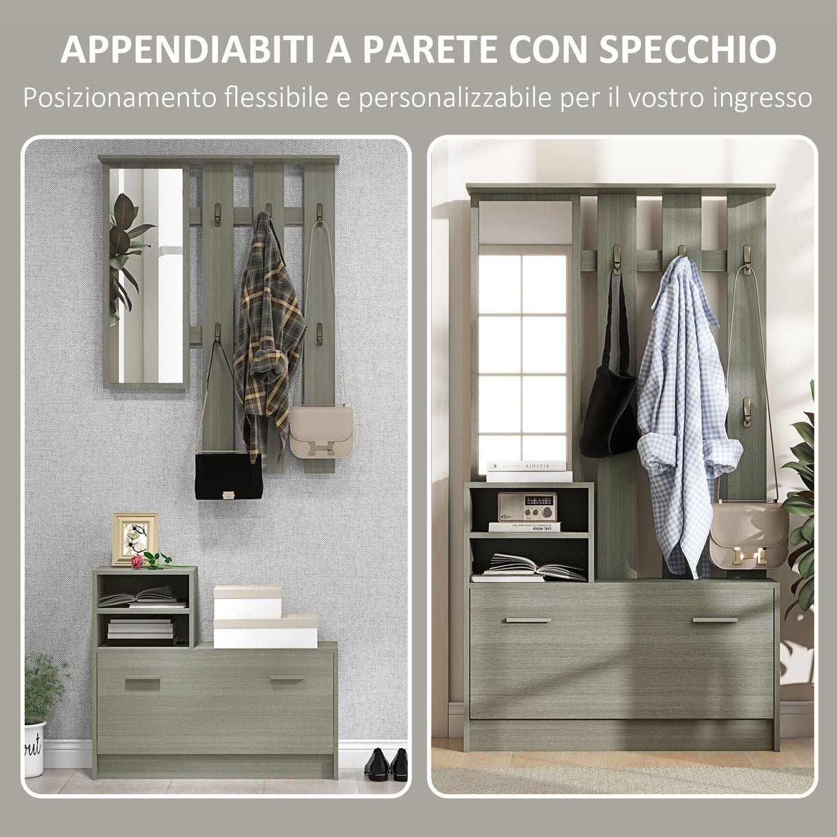 easycomfort easycomfort set mobili da ingresso con appendiabiti specchio panca con scaffale e scarpiera per 8 paia di scarpe grigio