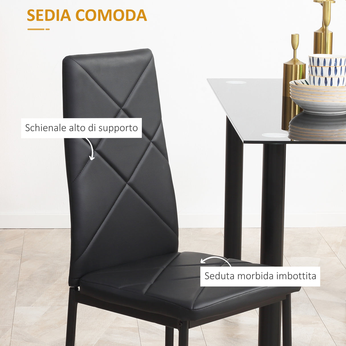 easycomfort easycomfort set tavolo da pranzo con 4 sedie piano in vetro e sedie imbottite in finta pelle nero