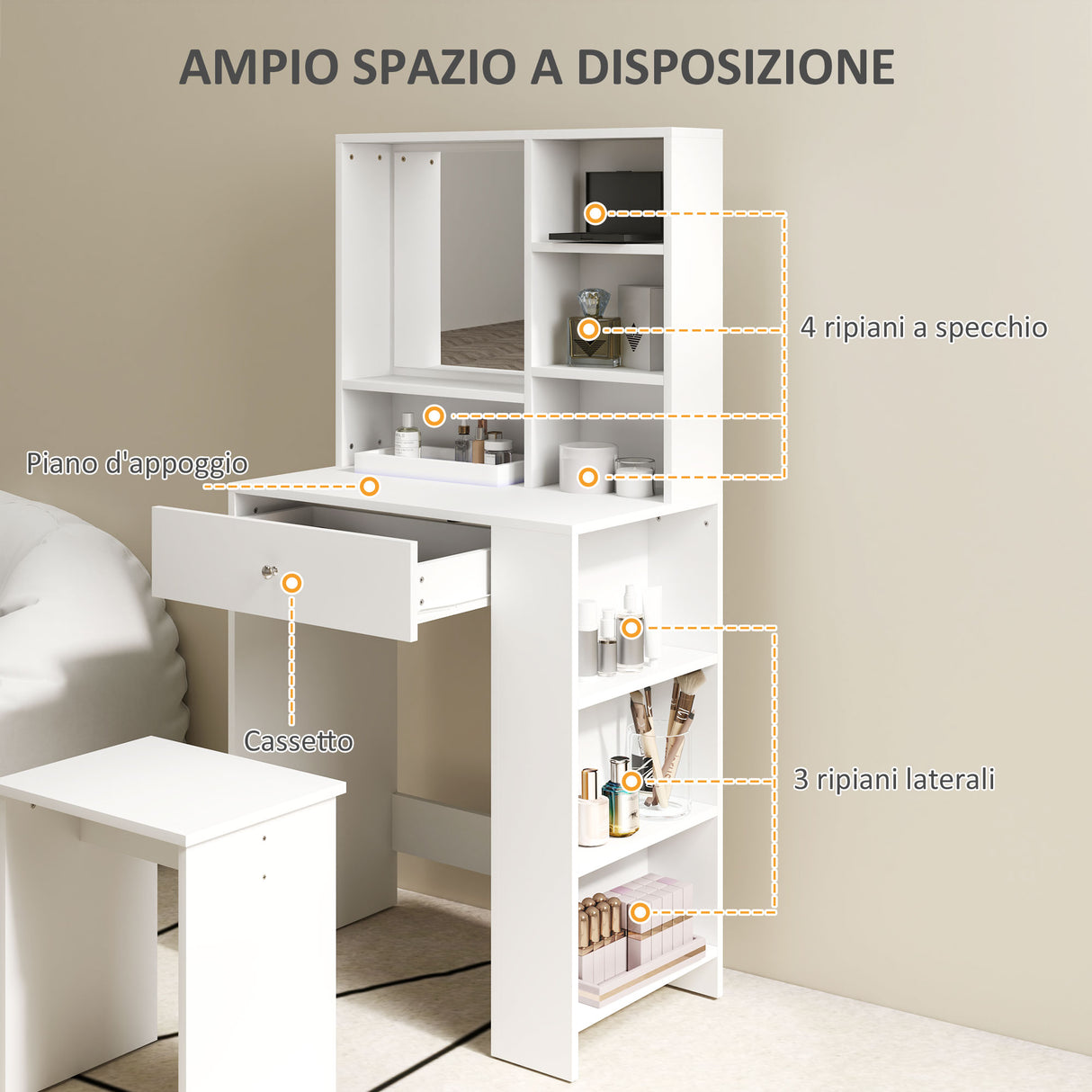 easycomfort easycomfort set toeletta da trucco con tavolino e sgabello specchio e ripiani in legno bianco