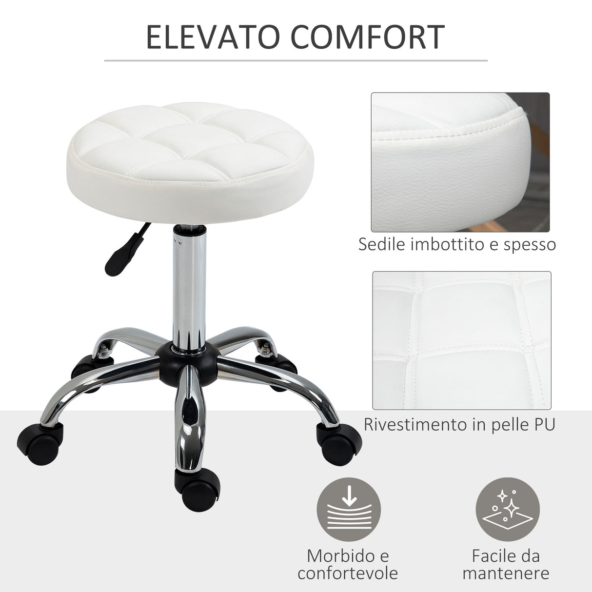 easycomfort easycomfort sgabello girevole rotondo con ruote altezza regolabile e rivestimento in finta pelle bianco