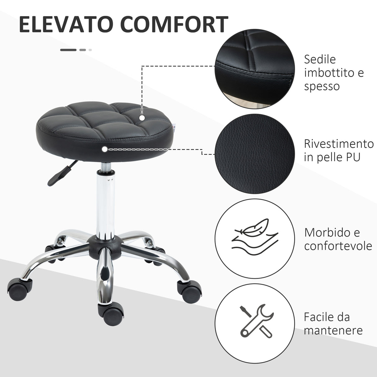 easycomfort easycomfort sgabello girevole rotondo con ruote altezza regolabile e rivestimento in finta pelle nero