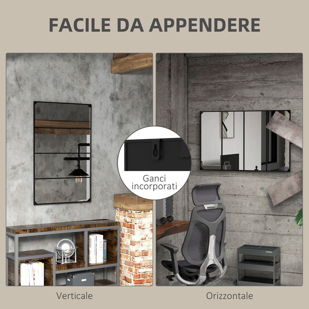 easycomfort easycomfort specchio da parete in stile industriale con 4 ganci in vetro multistrato metallo e mdf 109x2x69 cm nero
