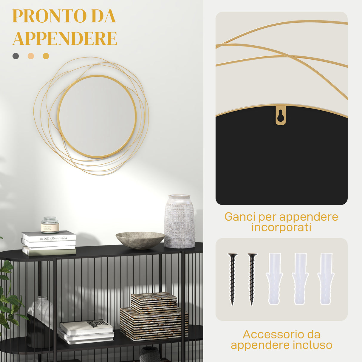 easycomfort easycomfort specchio moderno e rotondo decorativo a muro con ganci in vetro e metallo 65x1 cm oro