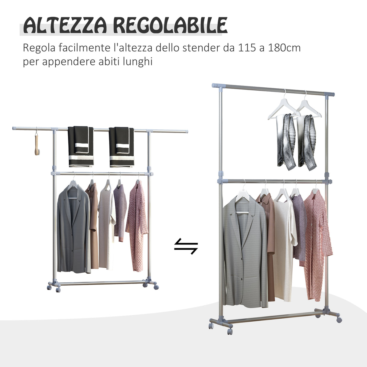 easycomfort easycomfort stender appendiabiti con altezza ed estensione regolabili 4 ruote girevoli acciaio inox e abs 165x48x180cm