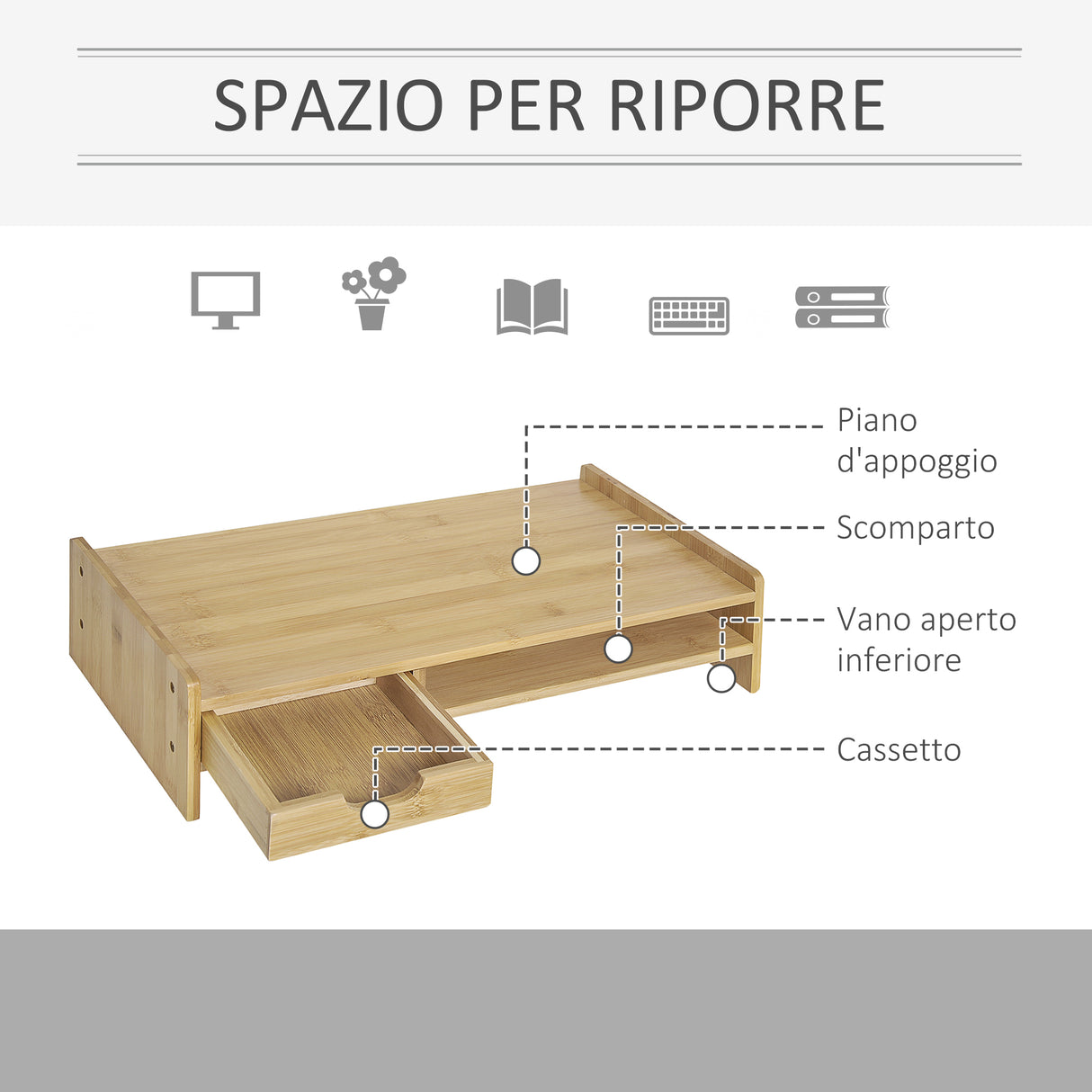easycomfort easycomfort supporto monitor con spazio per mouse e tastiera e ripiano con cubo portaoggetti in bambu 49x25 5x11 5 cm