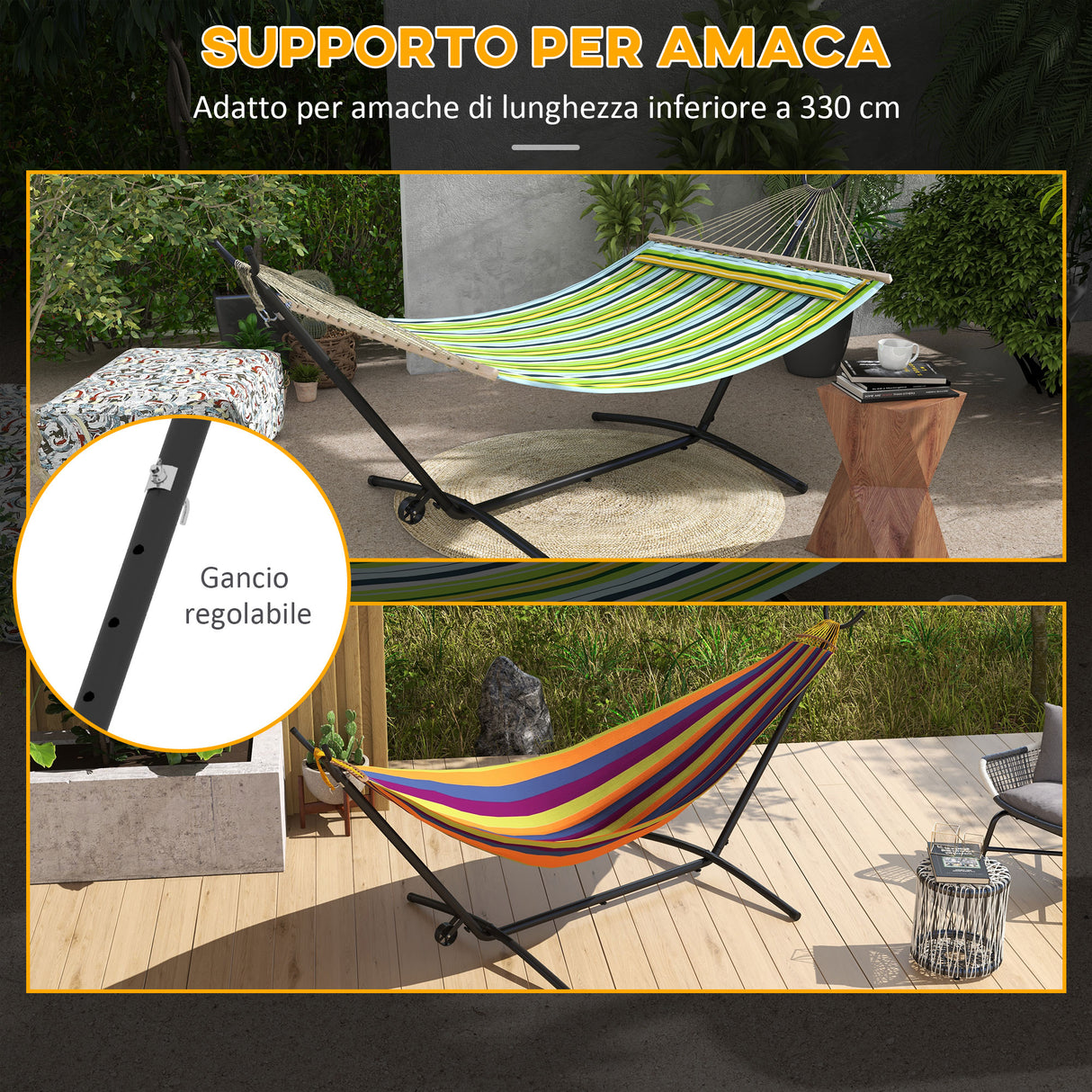 easycomfort easycomfort supporto per amaca da 330 cm max con 6 fori e rotelle in metallo 290x120x115 cm nero