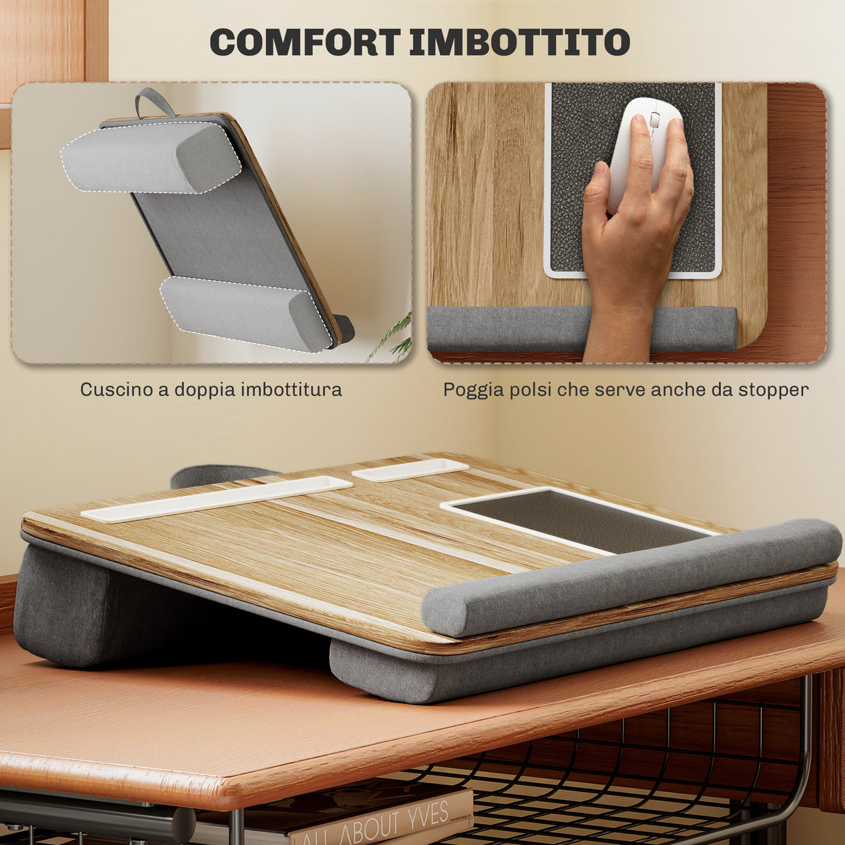 easycomfort easycomfort supporto per laptop da 15 6 con tappetino mouse e poggia polsi slot per tablet e smartphone rovere
