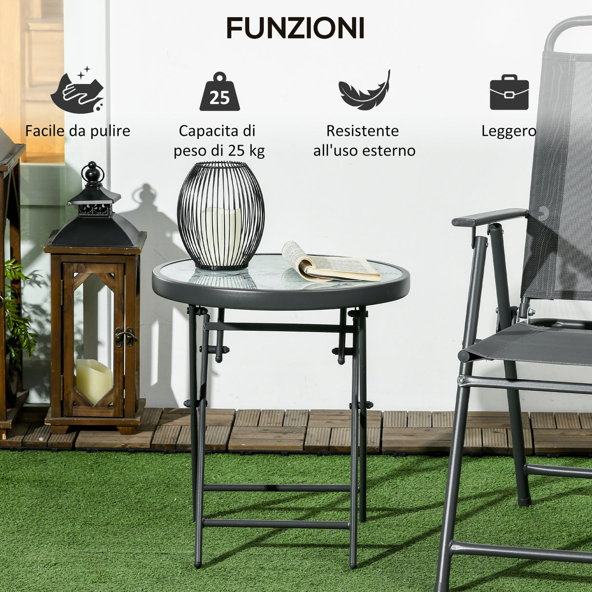 easycomfort easycomfort tavolino da caffe per giardino pieghevole con piano in vetro effetto marmo 45x50cm grigio