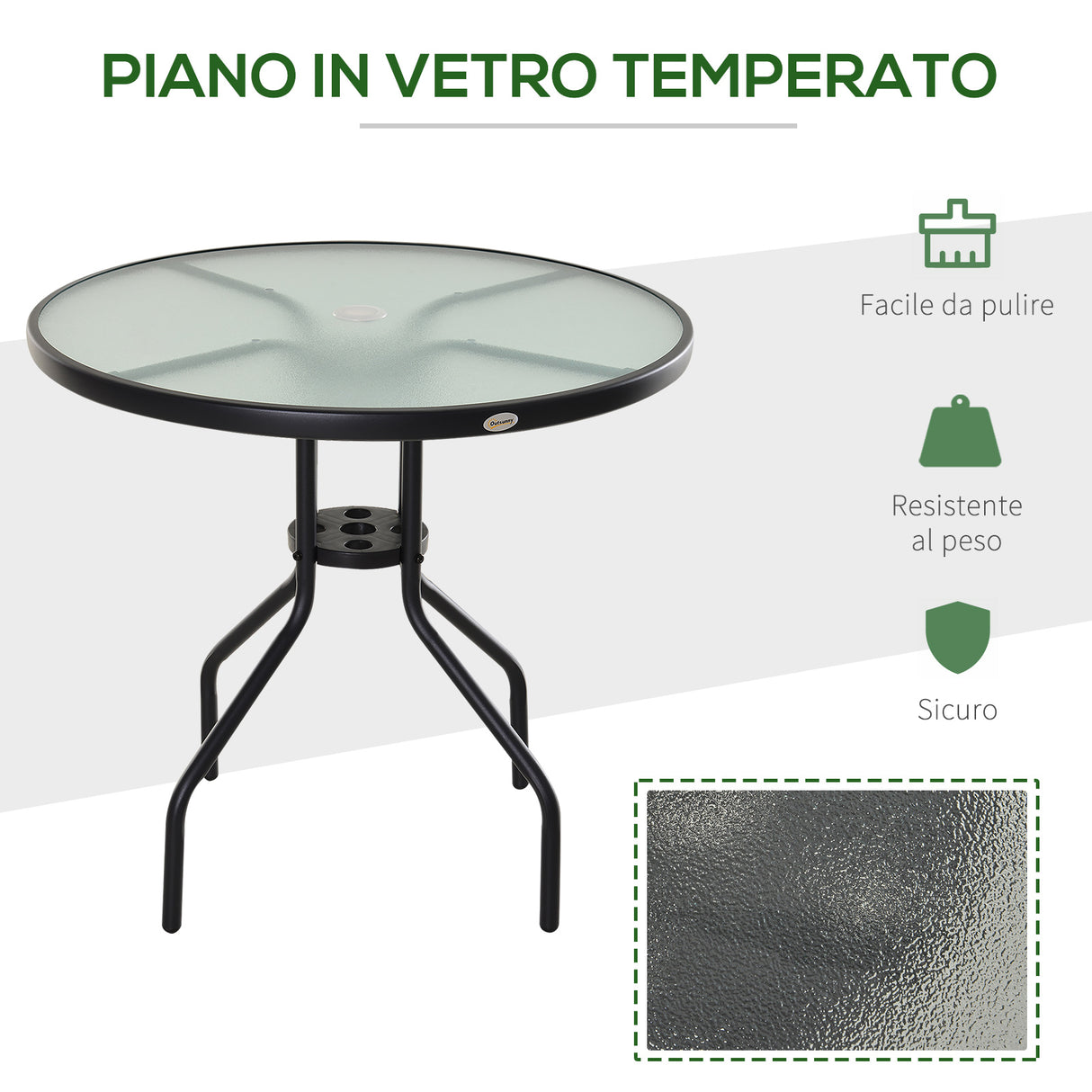 easycomfort easycomfort tavolino da giardino con piano in vetro temperato e foro per ombrellone acciaio 80 x 72 cm nero