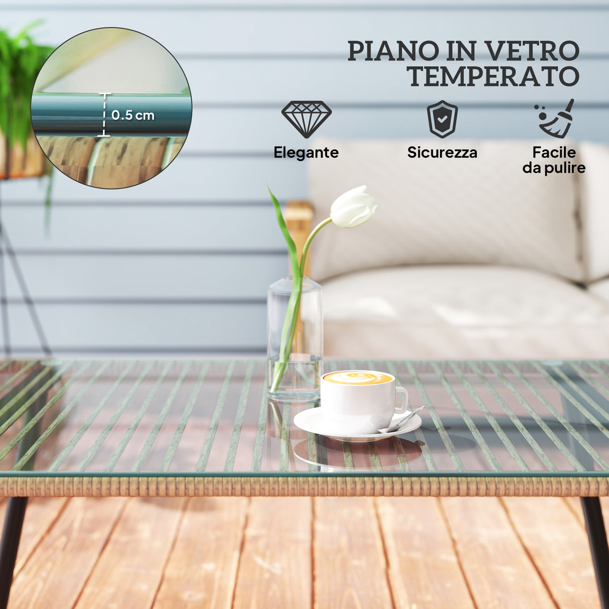 easycomfort easycomfort tavolino da giardino in rattan pe con piano in vetro e acciaio 110x60x40 cm legno naturale