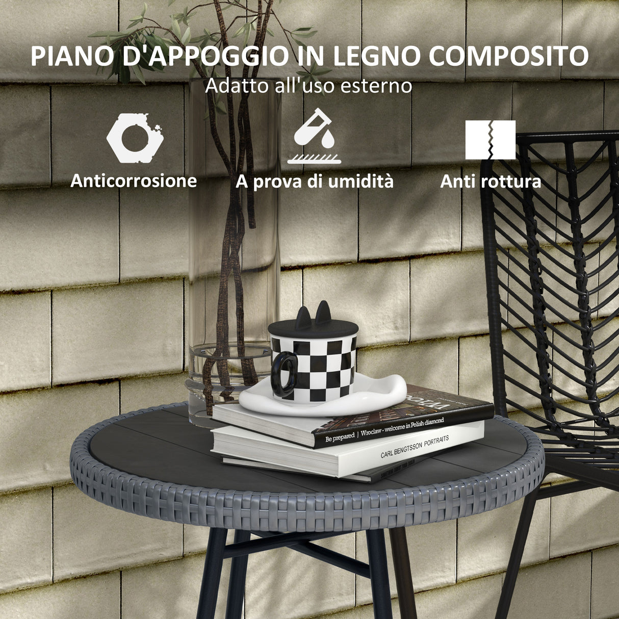 easycomfort easycomfort tavolino da giardino moderno con piano in plastica di legno in rattan e acciaio 50x50x55 cm grigio e nero