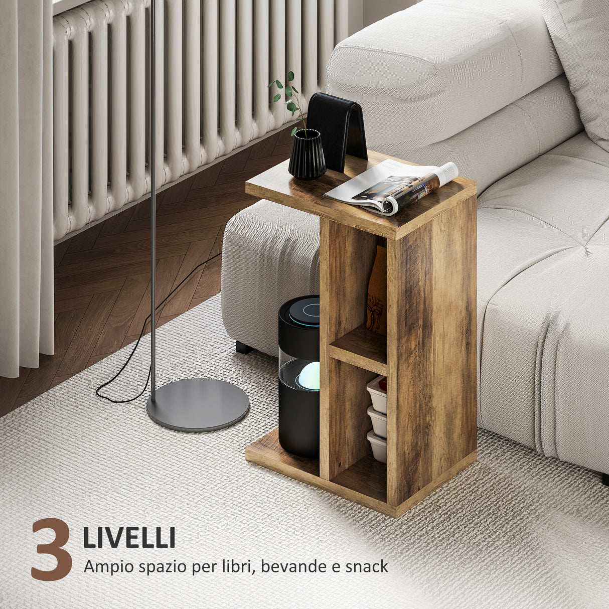 easycomfort easycomfort tavolino da salotto a c con 3 ripiani e 2 scomparti aperti salvaspazio 40x30x60 cm marrone