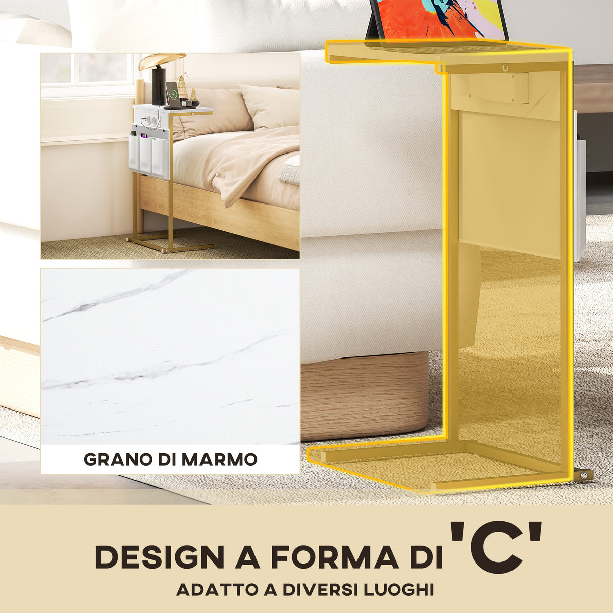 easycomfort easycomfort tavolino da salotto a forma di c effetto marmo con prese di corrente e usb integrate bianco