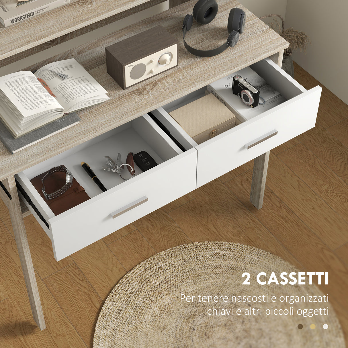easycomfort easycomfort tavolo consolle a 2 livelli con piano estraibile e 2 cassetti in legno 95x35x87cm rovere