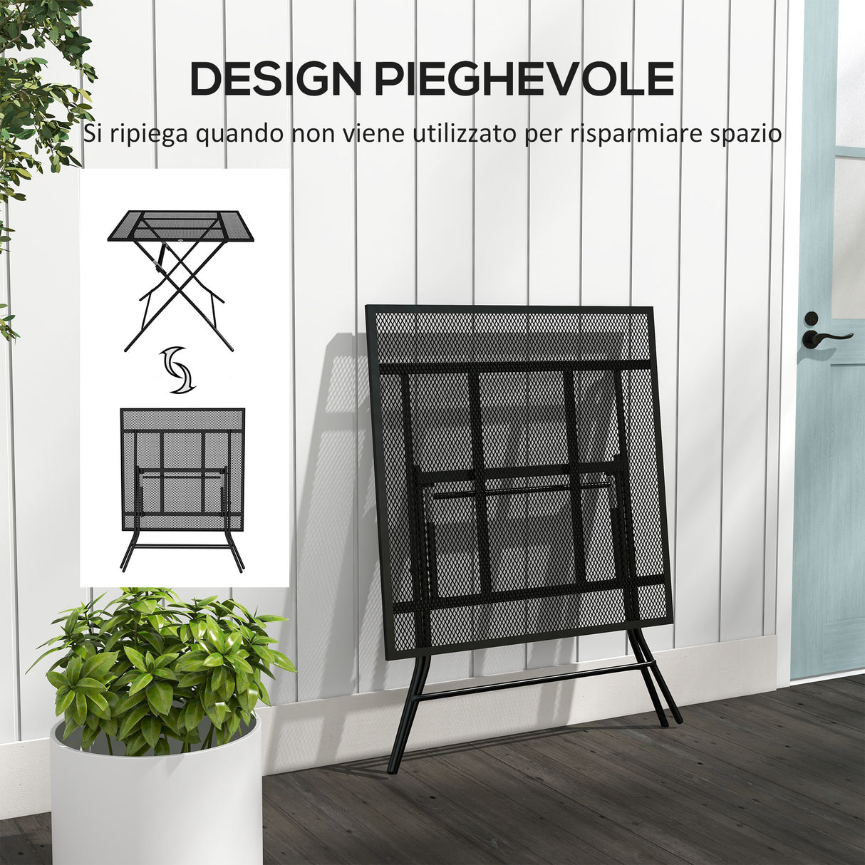 easycomfort easycomfort tavolo da giardino pieghevole quadrato con piano a rete in acciaio 80x80x74cm nero