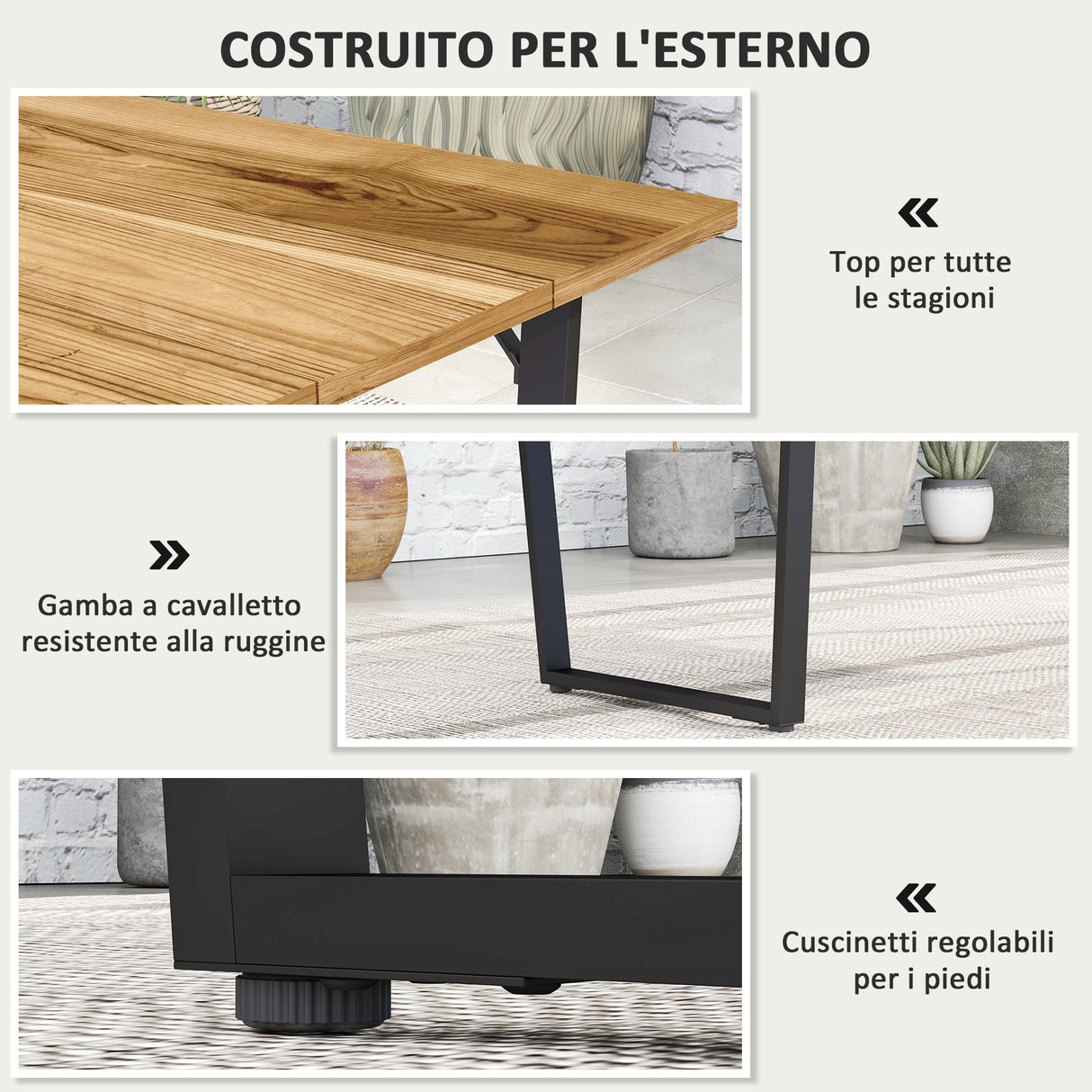 easycomfort easycomfort tavolo da giardino rettangolare a 6 posti con foro per ombrellone legno e acciaio 175x80x75 cm marrone
