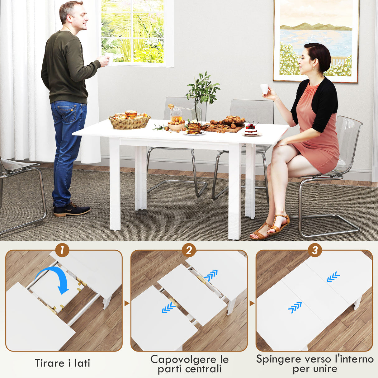 easycomfort easycomfort tavolo da pranzo allungabile per 4 6 persone con pannelli a ribalta in legno 120 160x80x78 cm bianco