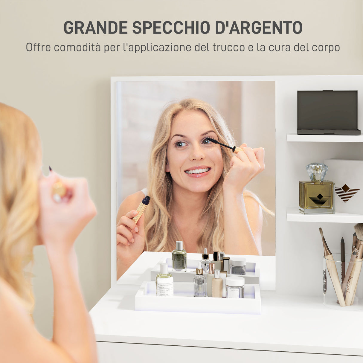 easycomfort easycomfort tavolo da trucco a 3 ripiani e cassetti con specchio e sgabello in truciolato 75x40x137 cm bianco