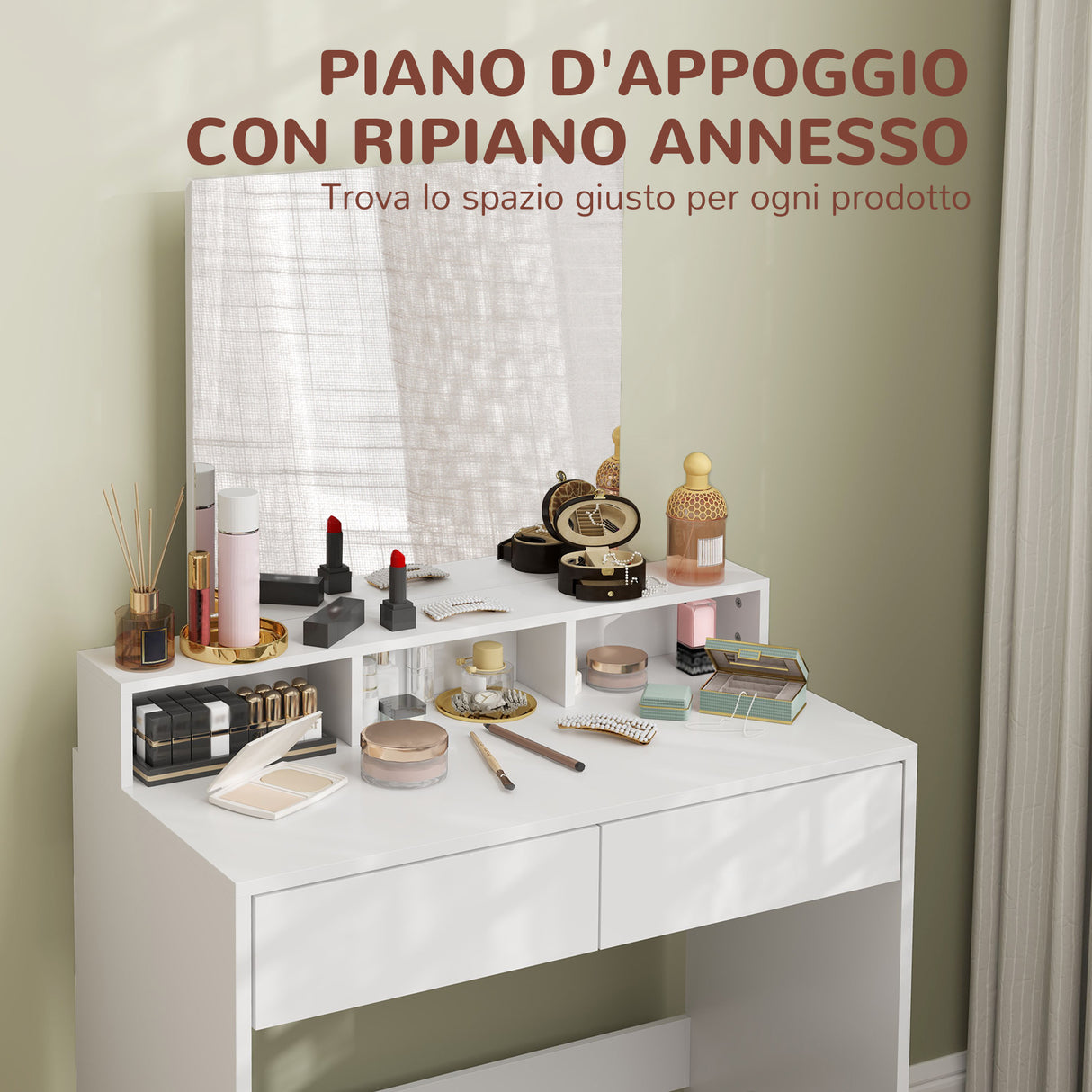 easycomfort easycomfort tavolo da trucco con specchio 3 ripiani 2 cassetti e sgabello in legno 75x38x135 cm bianco