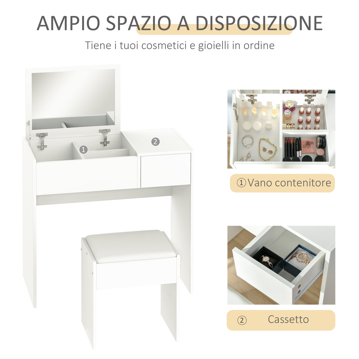 easycomfort easycomfort tavolo da trucco con specchio richiudibile tavolo da trucco moderno con sgabello vano contenitore 4 scomparti mdf bianco 80x40x79 cm ean 8054111848237