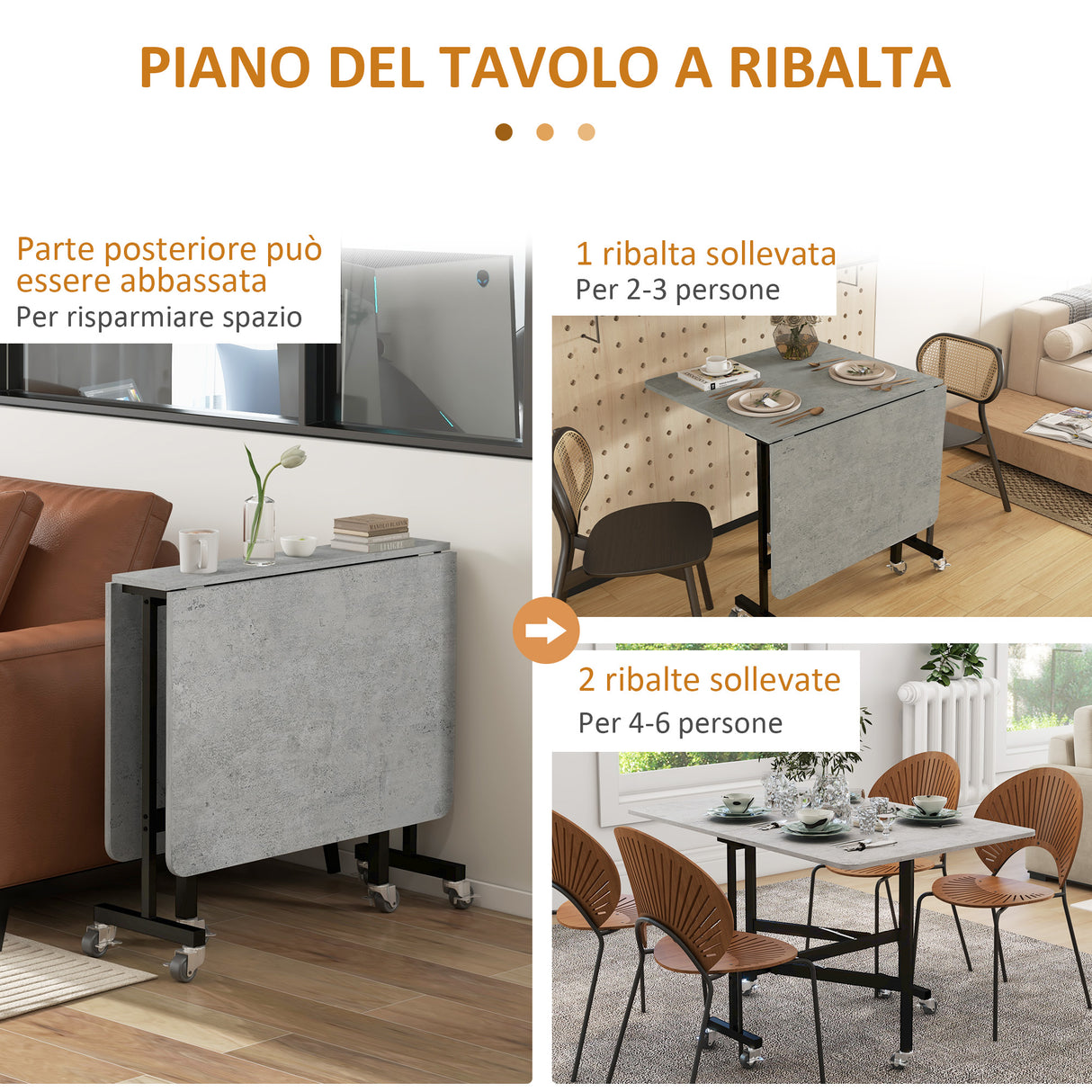 easycomfort easycomfort tavolo pieghevole a ribalta per 4 6 persone con 6 rotelle in legno e acciaio 120x80x73 cm grigio
