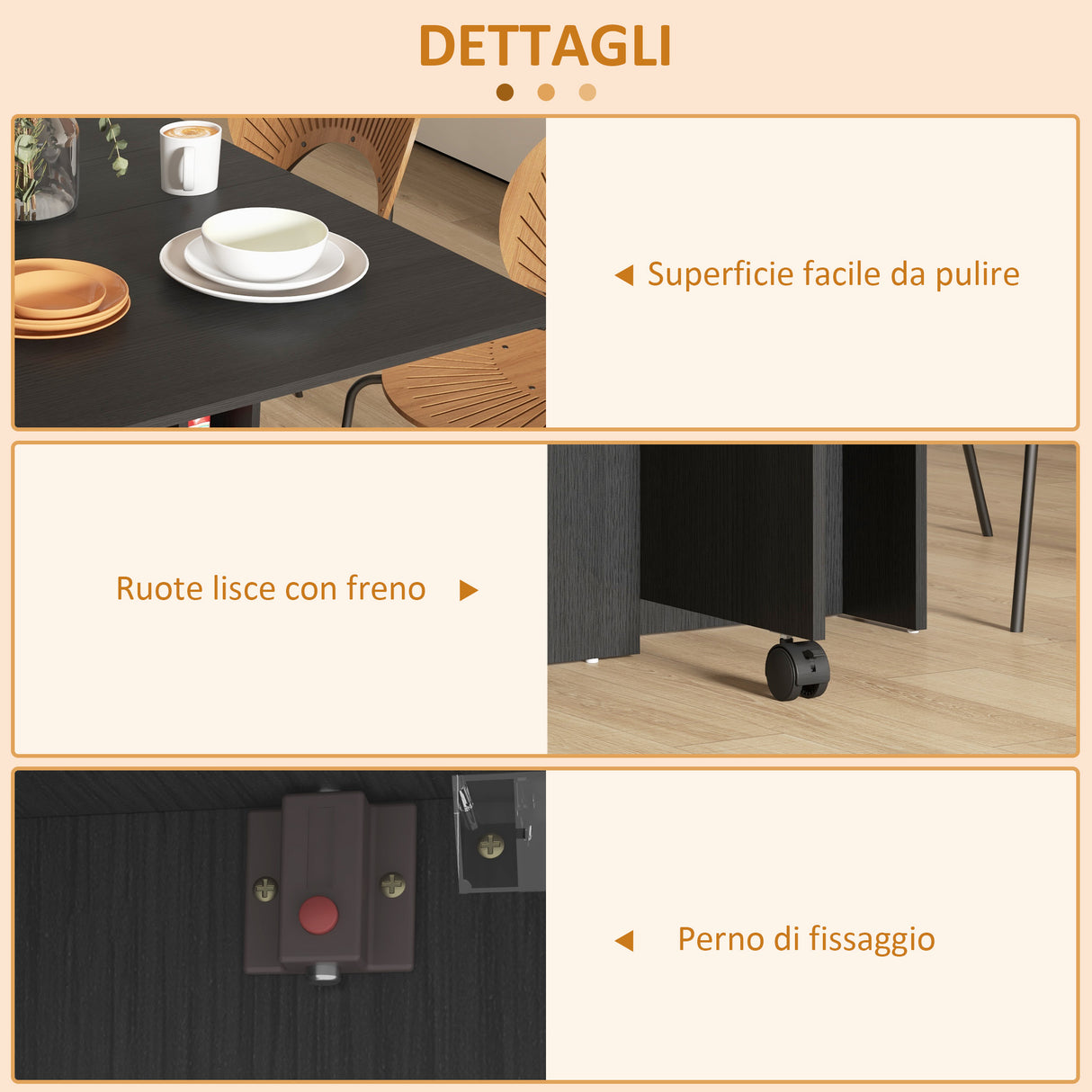 easycomfort easycomfort tavolo pieghevole salvaspazio a 2 ribalte per 6 persone con ripiani e ruote nero