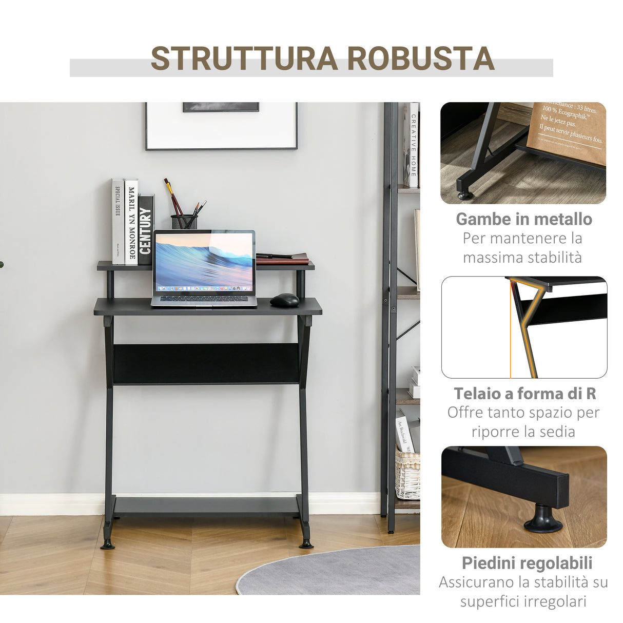 easycomfort easycomfort tavolo porta pc salvaspazio con ripiano monitor rialzato 70x60x85 5cm legno nero