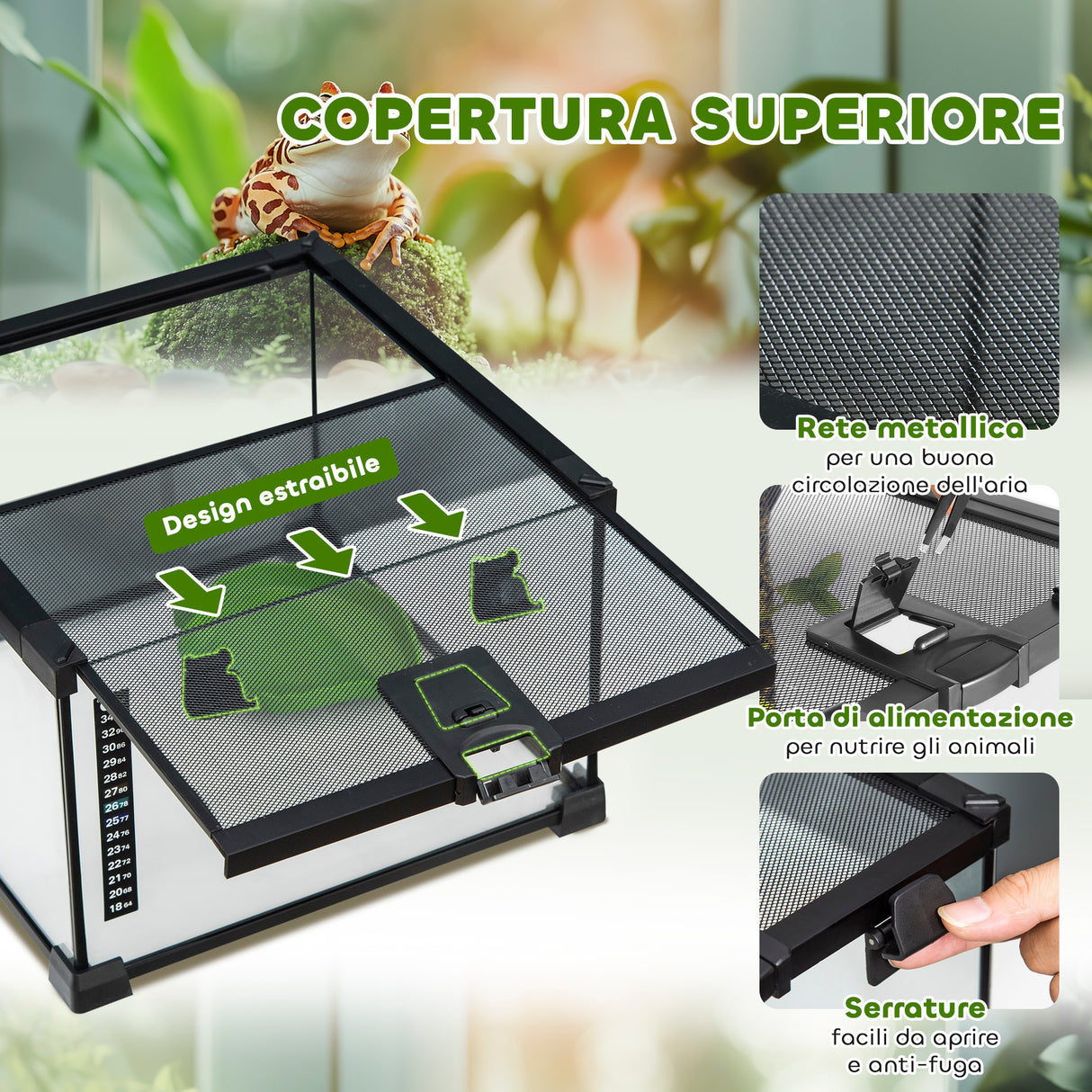 easycomfort easycomfort terrario per rettili rialzato con serratura e termometro in vetro e rete metallica 30x30x20 cm nero