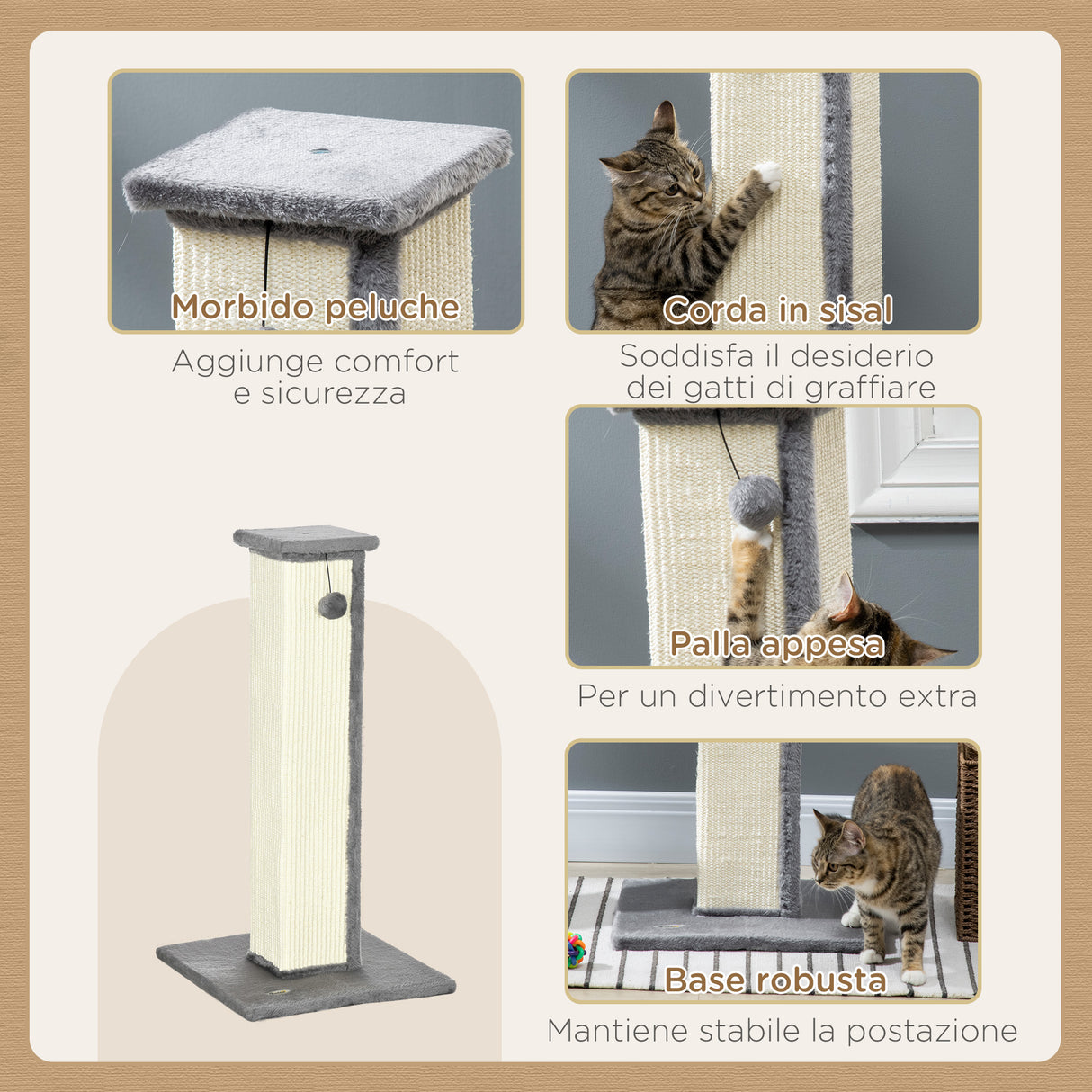 easycomfort easycomfort tiragraffi per gatti con pallina palo in sisal e rivestimento in peluche 41x41x81 cm grigio