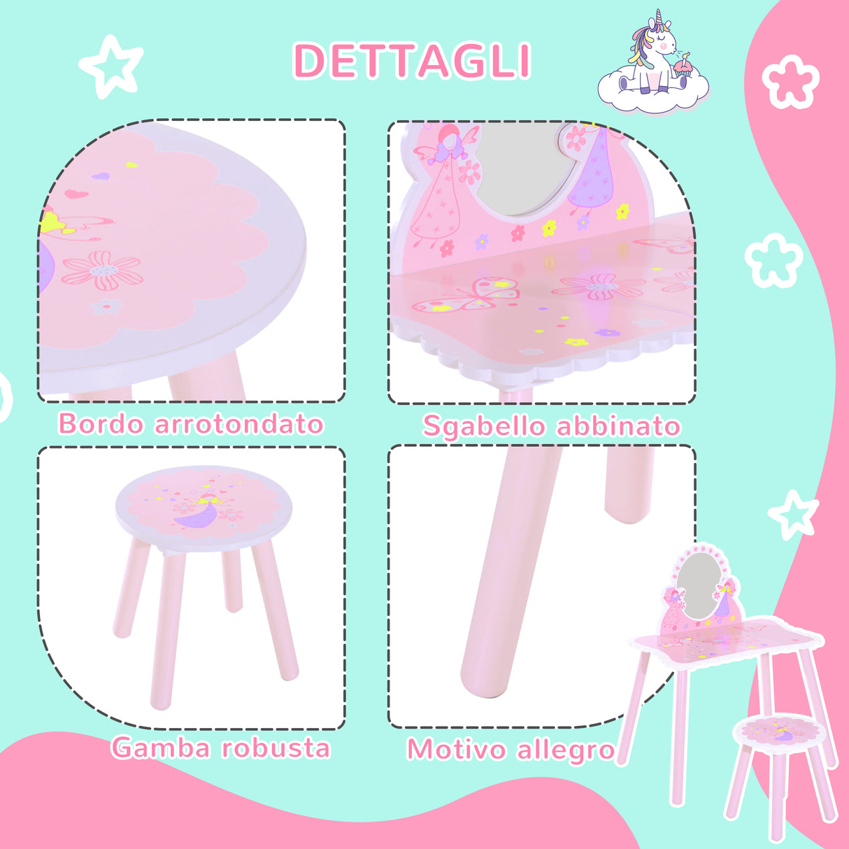 easycomfort easycomfort toeletta per bambini con sgabello in legno tavolo trucco con specchio moderno e cassetto 59l x 39p x 77a cm rosa