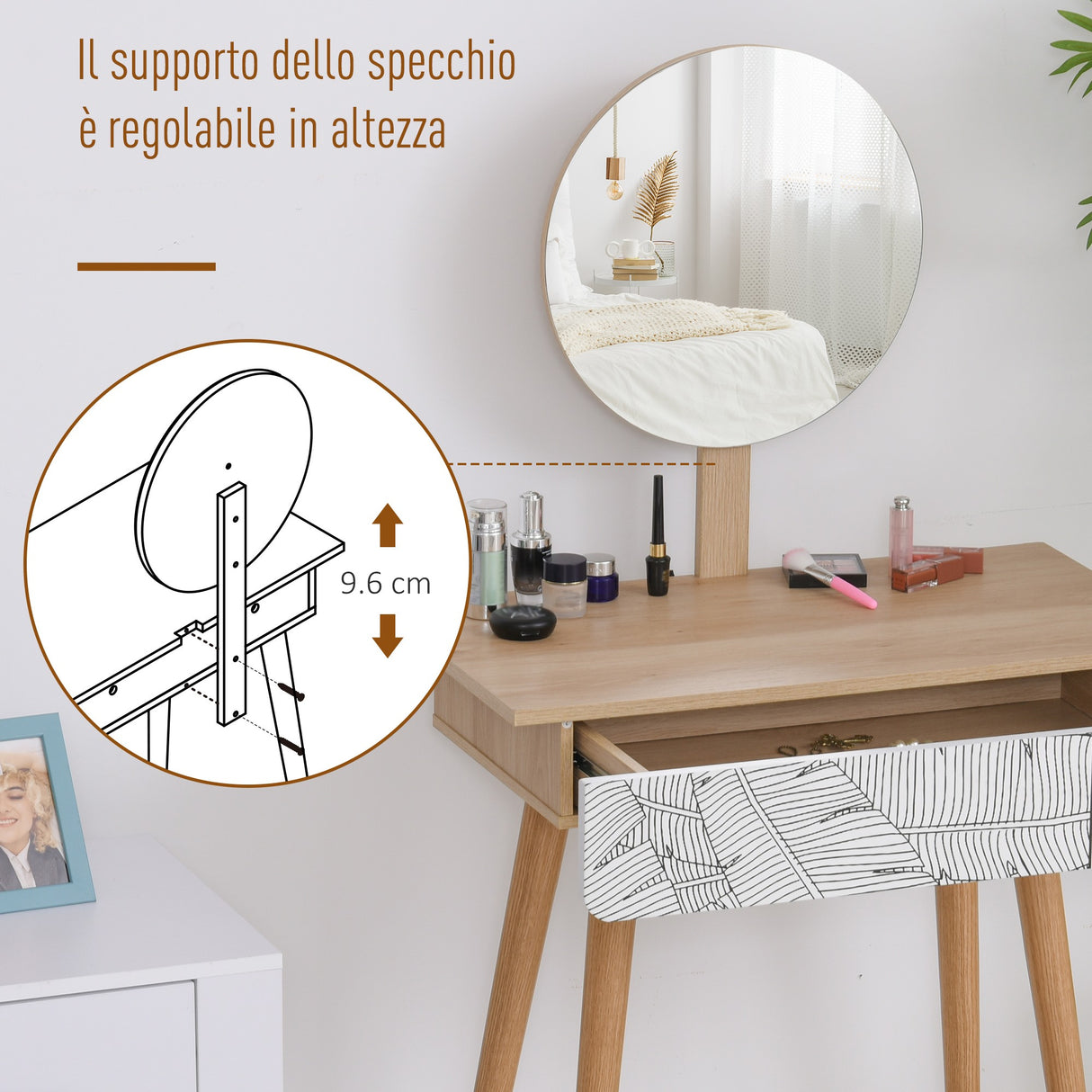 easycomfort easycomfort toeletta tavolo da trucco con specchio circolare 39cm consolle trucco con cassetto con decorazione jungle bianco e rovere 70x39x119 128cm ean 8054144134673