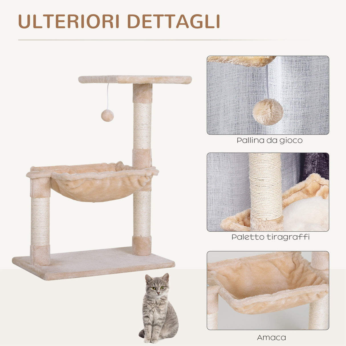 easycomfort easycomfort torre per gatti max 3 6kg con amaca e pallina appesa in legno e peluche 50x36x70 cm beige