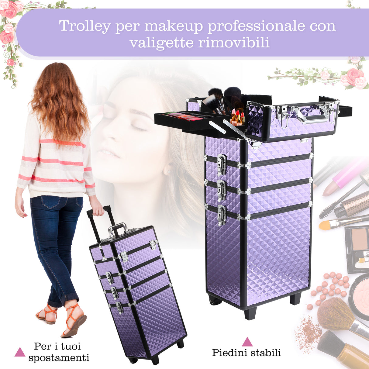 easycomfort easycomfort valigia porta trucchi professionale trolley makeup da viaggio in alluminio 2 ruote viola 33 5x23x7695 5cm ean 8054144137650