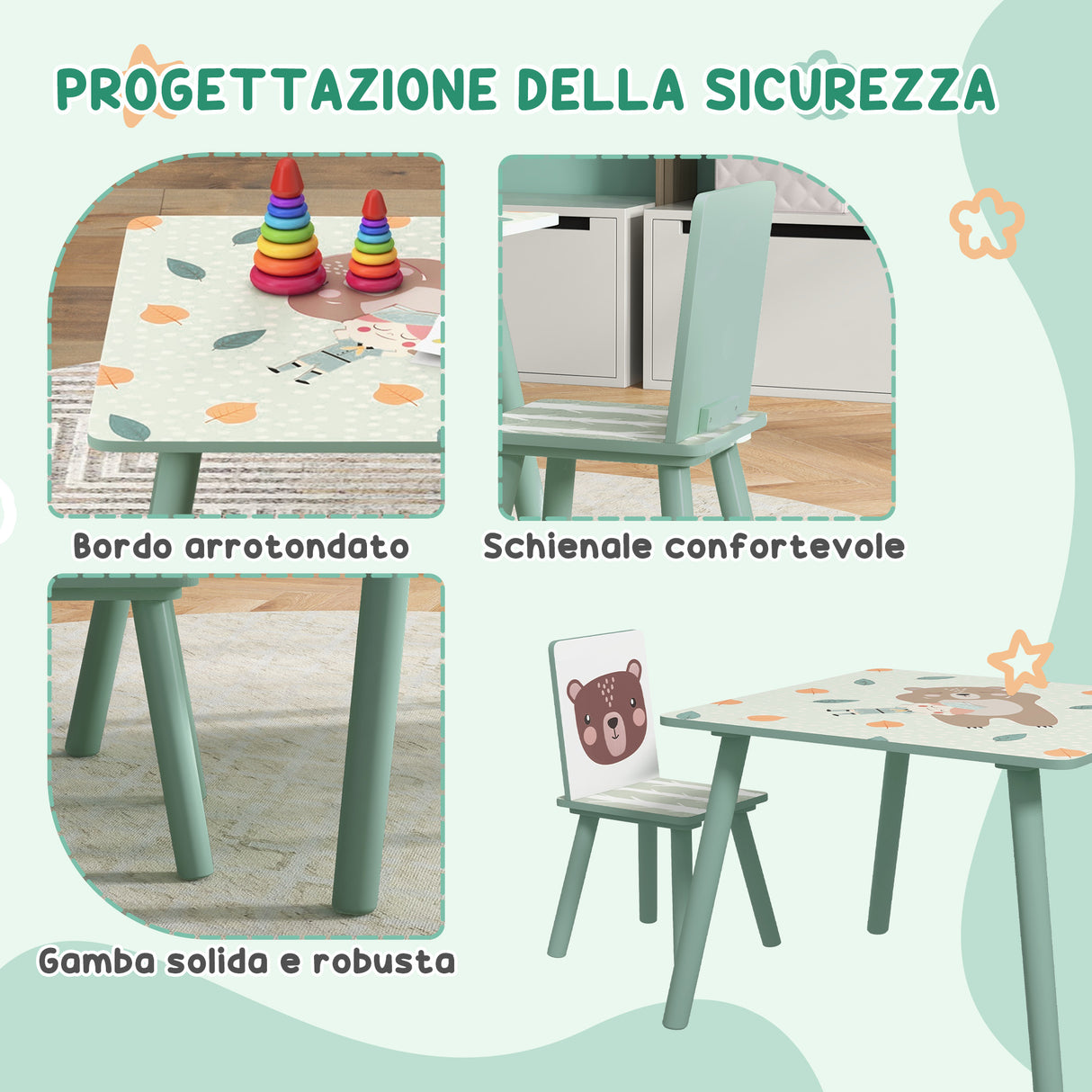 easycomfort easycomfortzonekiz set tavolo e sedie 3 pezzi per bambini 3 8 anni in mdf e legno di pino verde