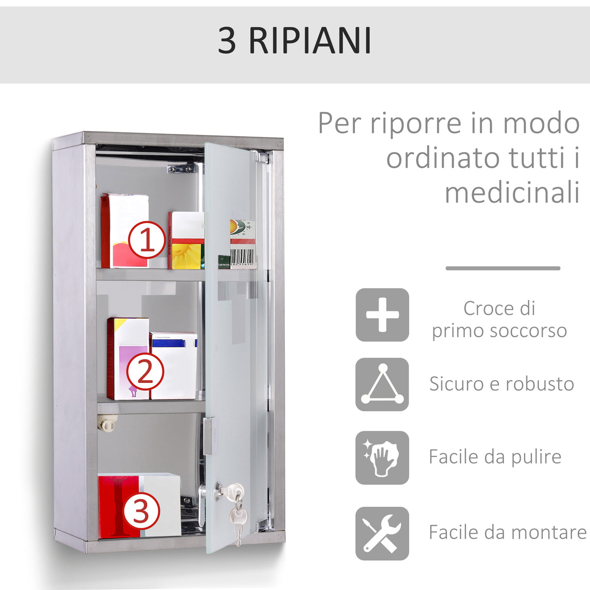 easycomfort easycomfort armadietto porta medicinali pronto soccorso cassetta medicine in acciaio porta in vetro e 2 chiavi 48x25cm ean 8054144134895