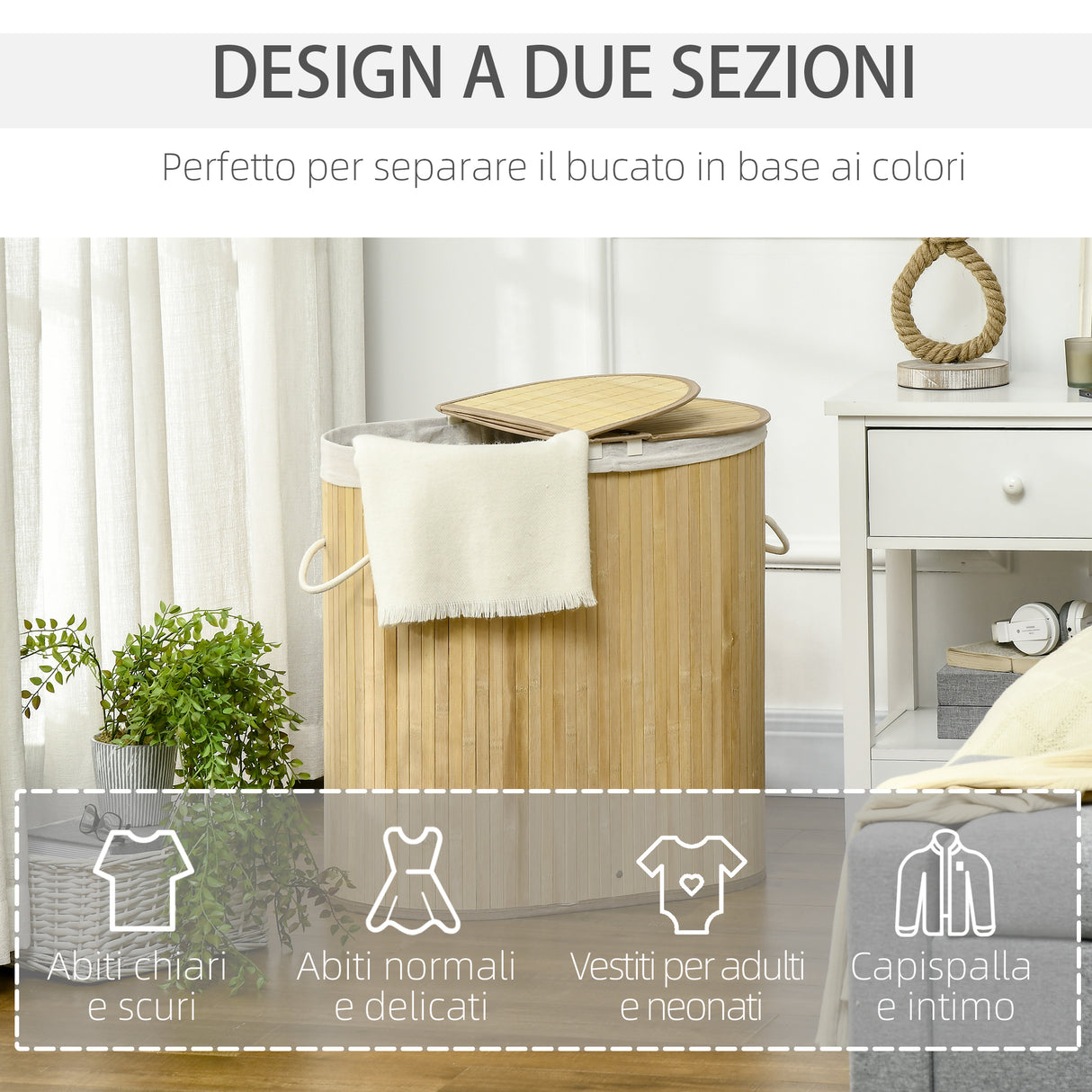 easycomfort easycomfort cesto portabiancheria a 2 sezioni 2 coperchi e capacita 100l con sacca interna removibile 62 5x37x60 5 cm