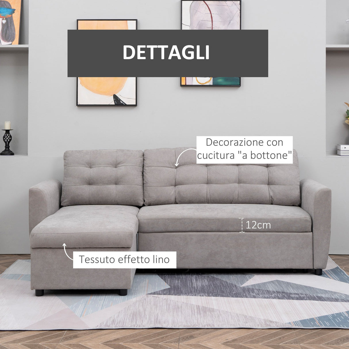 easycomfort easycomfort divano letto 3 posti con chaise longue contenitore in tessuto 217x134x85cm grigio