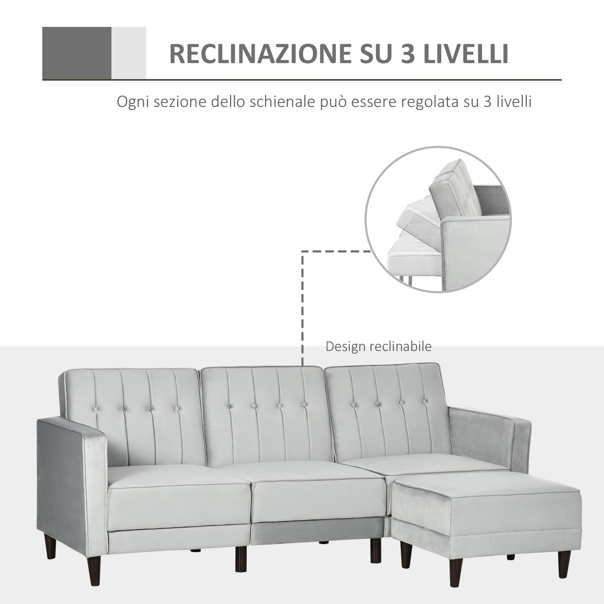 easycomfort easycomfort divano letto 3 posti con poggiapiedi e schienale reclinabile rivestimento velluto e seduta imbottita 218x85x86 cm grigio chiaro