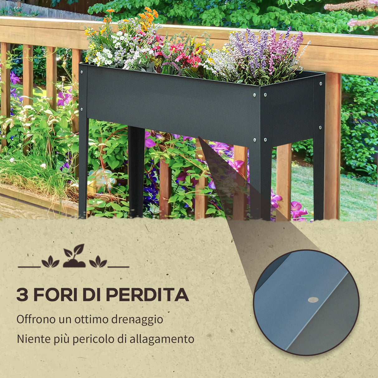 easycomfort easycomfort fioriera da esterno rialzata in metallo con 3 fori di drenaggio 100x30x80 cm grigio