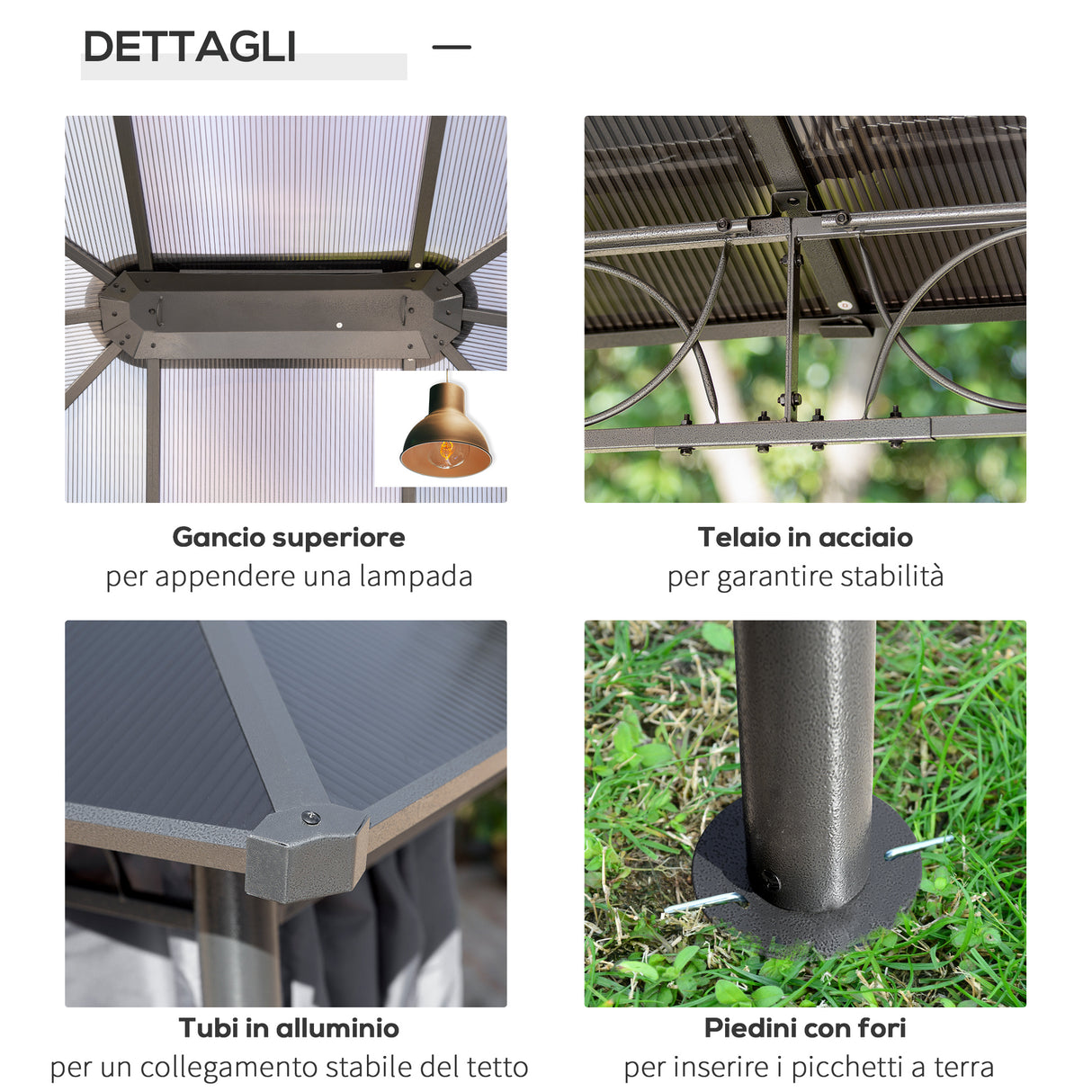 easycomfort easycomfort gazebo da giardino 3 6x3m con tetto in policarbonato anti uv e tende grigio