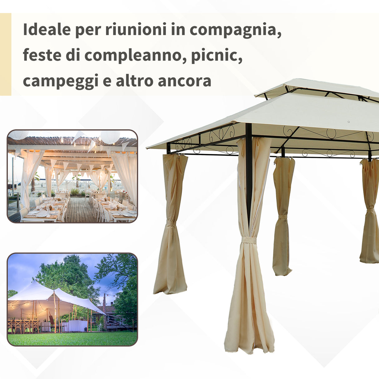 easycomfort easycomfort gazebo da giardino 3x4 m con tende e tetto a 2 livelli bianco crema